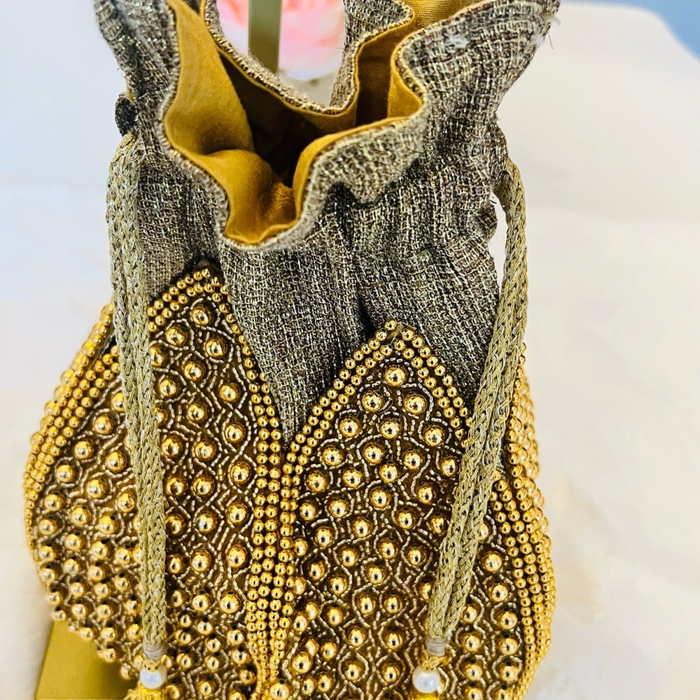 RAMLA Gold Beaded Drawstring Evening Bag Pearl Handle Clutch Purse - Picture 11 of 14